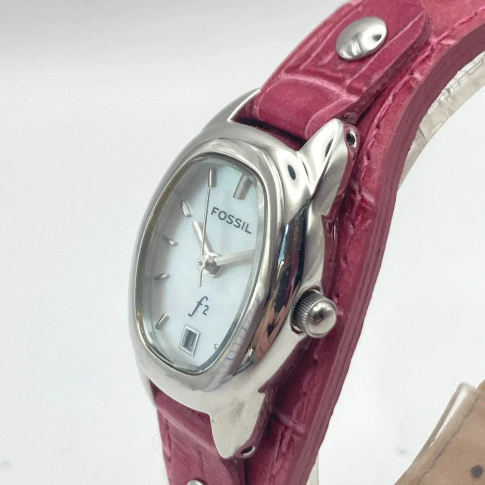 Fossil F2 Women's Watch 23mm Silver Tone Date Pink Leather Cuff MOP New Battery